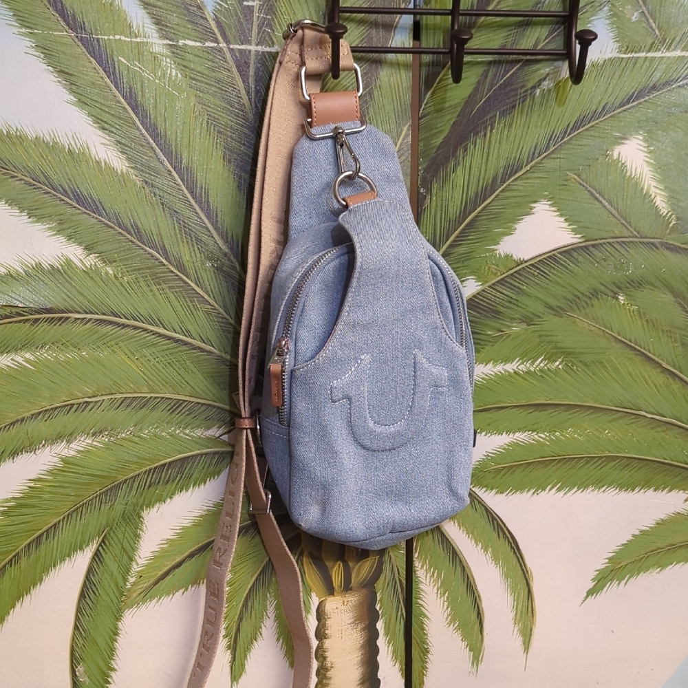 True Religion Tan trim Monogram Denim Bag